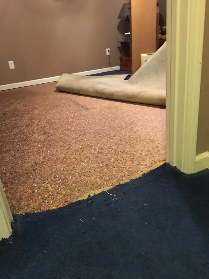 Carpet pad removal revealing water damage during Water Mitigation Services in Rancho Santa Margarita